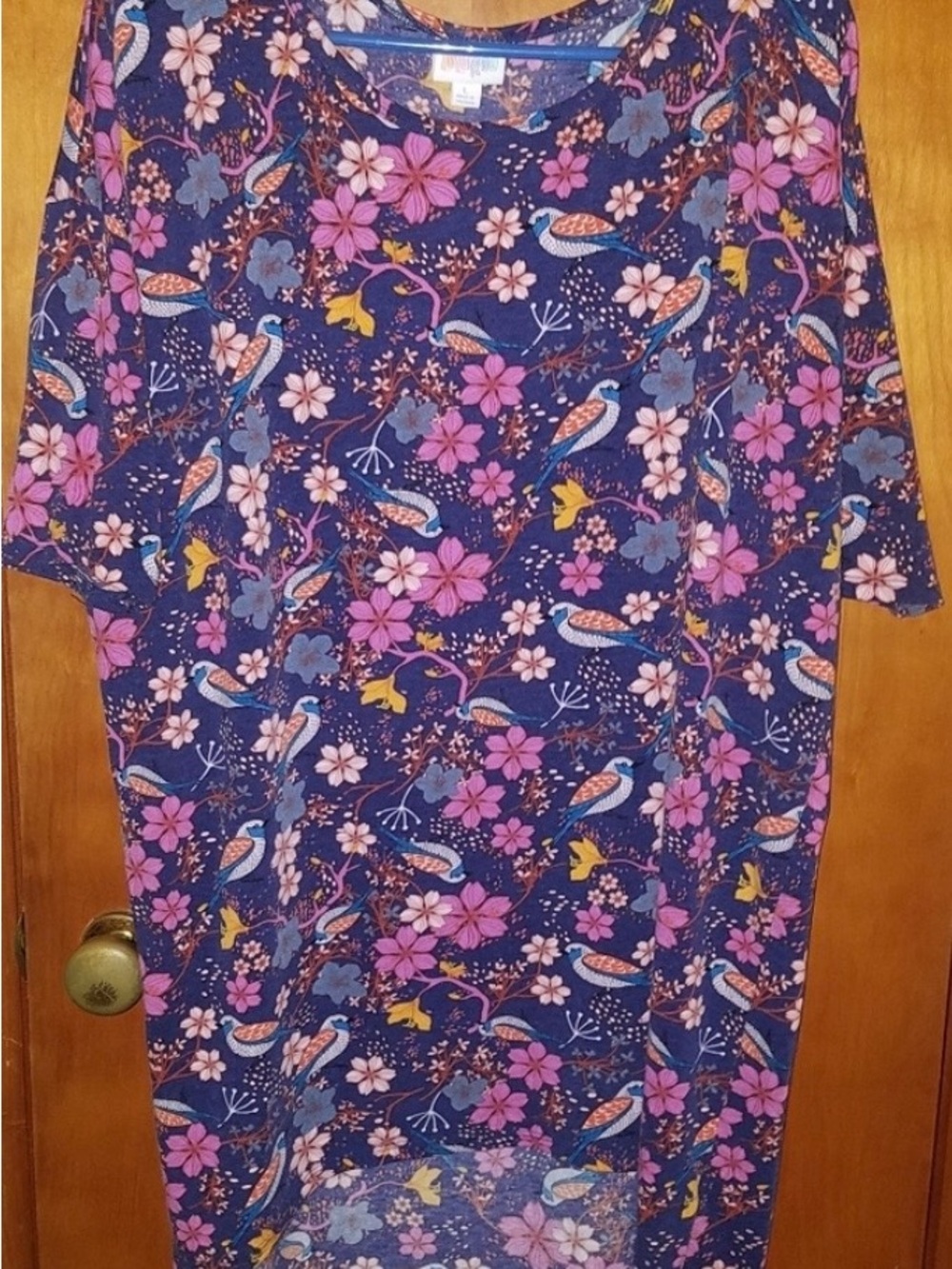 LuLaRoe Navy Tunic with Pink Floral & Bird Motif